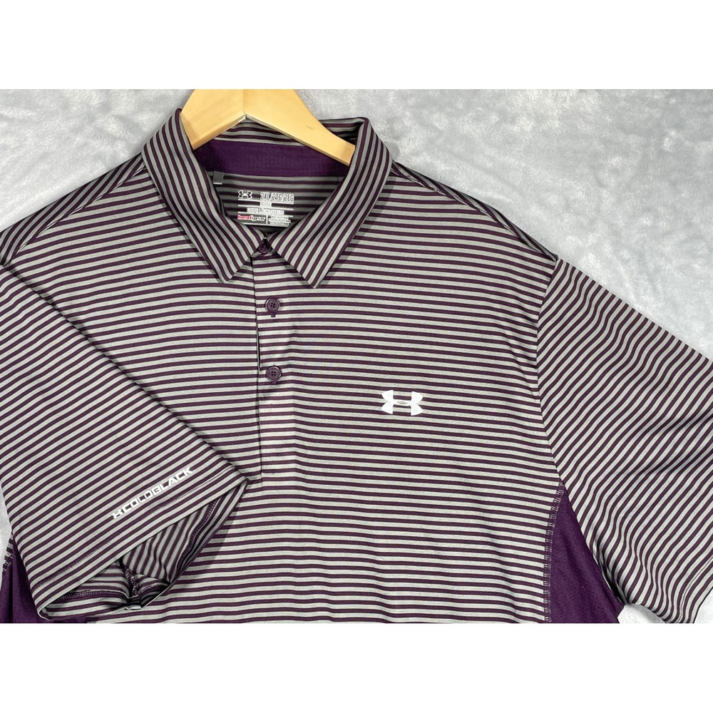 Under Armour Men 2XL HeatGear ColdBlack Striped Polo Shirt Purple Grey Loose Fit